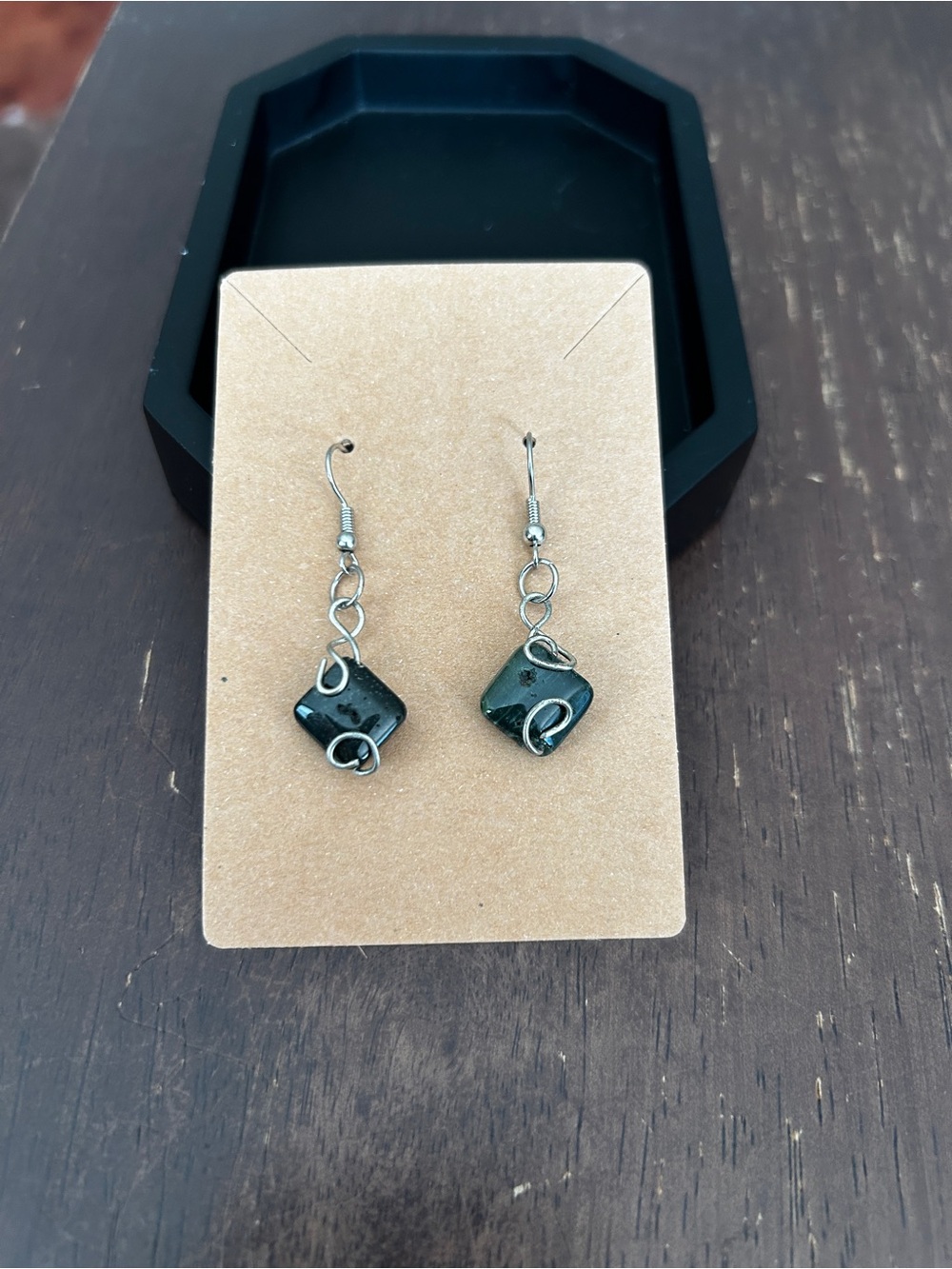 Dark Green Stone Drop Earrings with Silver Wire Accents